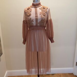 Elegant Lace Embroidered Sheer Boho Dress in Brown